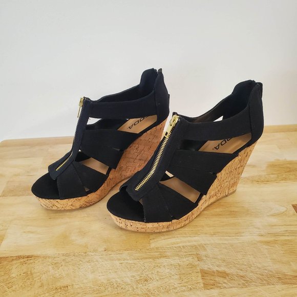 Soda Shoes - Black wedges with cork heel and gold zip Size 10 SODA
